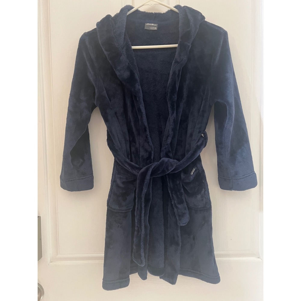 Eddie Bauer Kids Navy Blue Plush Fleece Hooded Robe Size S 7/8 Loungewear